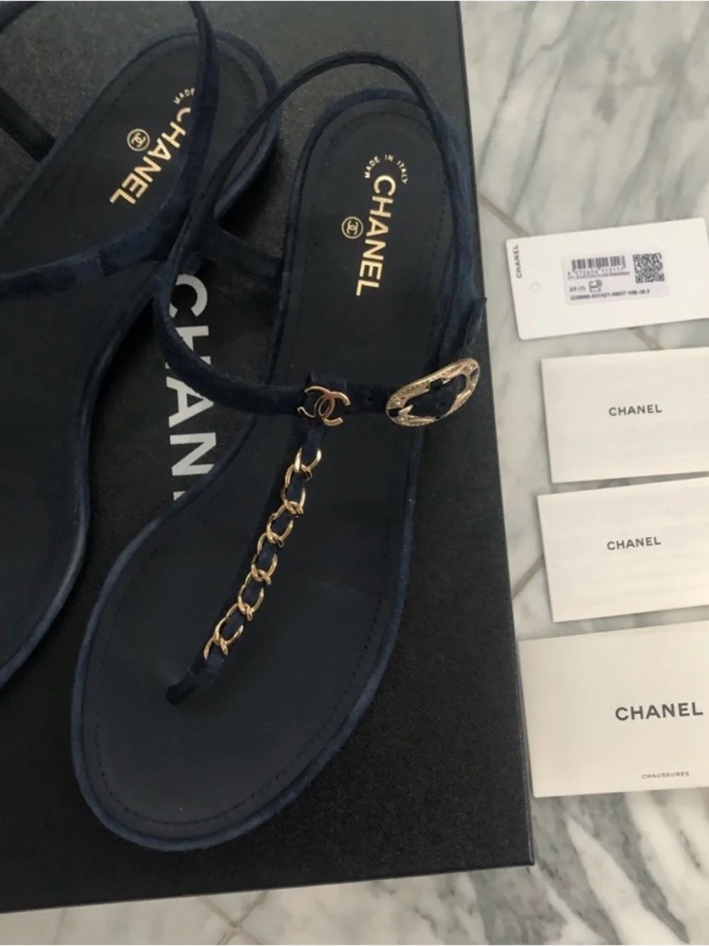 CHANEL Suede Calfskin Thong Sandals 38.5 Navy Blue